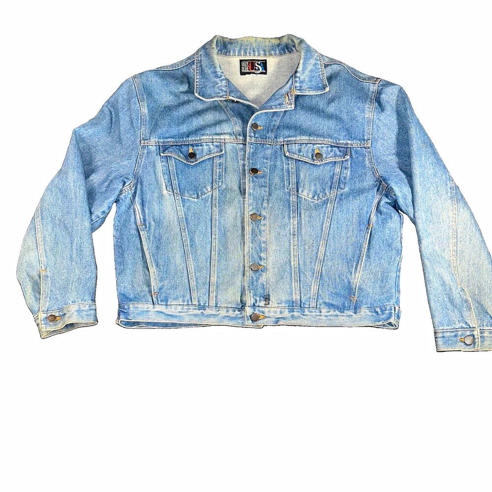 Vintage Denim Jacket Made In USA Large Light Wash Distressed Streetwear Trucker